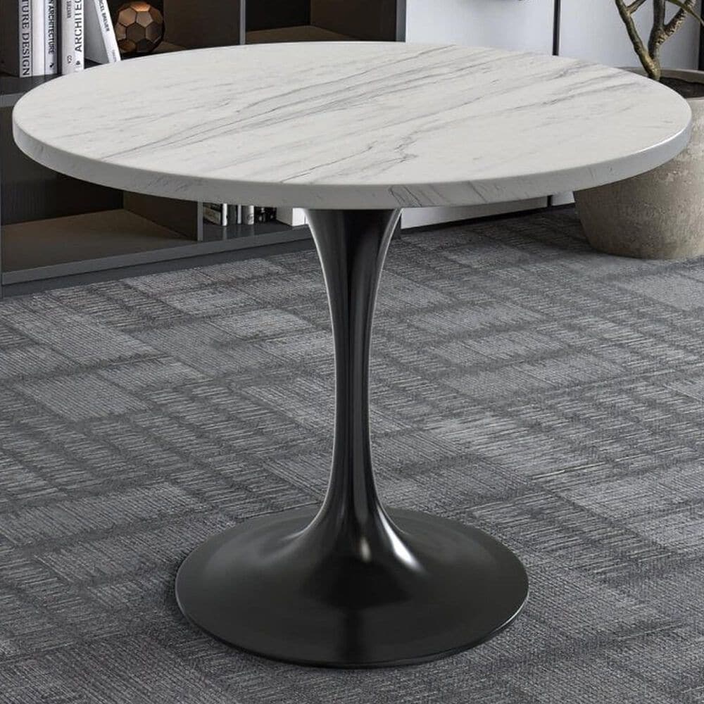 Leisuremod LeisureMod Verve Collection 36 Round Dining Table, Black Base with Laminated White Marbleized Top, , large