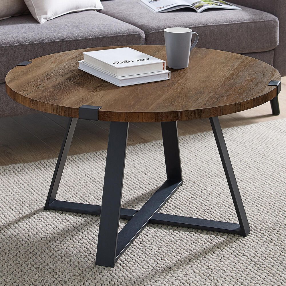 Walker Edison Metal Wrap Coffee Table in Rustic Oak and Black, , large
