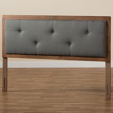 Baxton Studio Abner King Panel Headboard with Dark Grey Fabric in Walnut Brown, , large