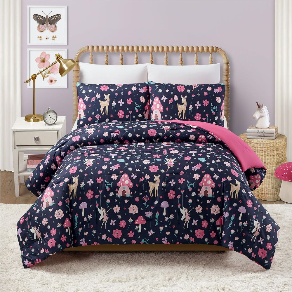 Peking Handicraft Fairy Garden 2-Piece Twin/Twin XL Comforter Set in Navy and Pink, , large