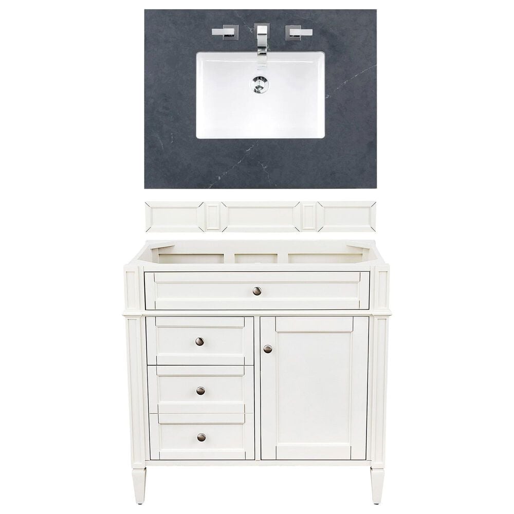 James Martin Vanities Brittany 36" Single Bathroom Vanity in Bright White with 3 cm Charcoal Soapstone Quartz Top and Rectangle Sink, , large