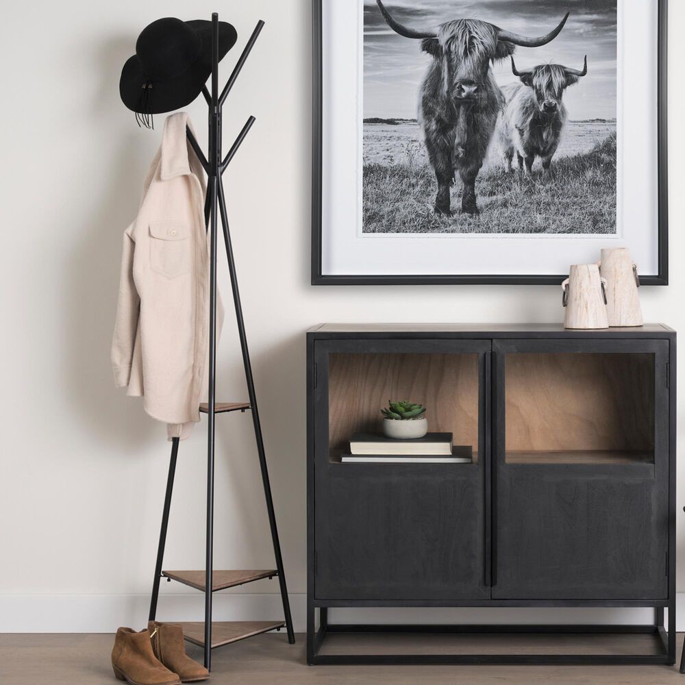 Mercana Everett Coat Rack with 2 Triangular Wooden Shelves in Matte Black, , large