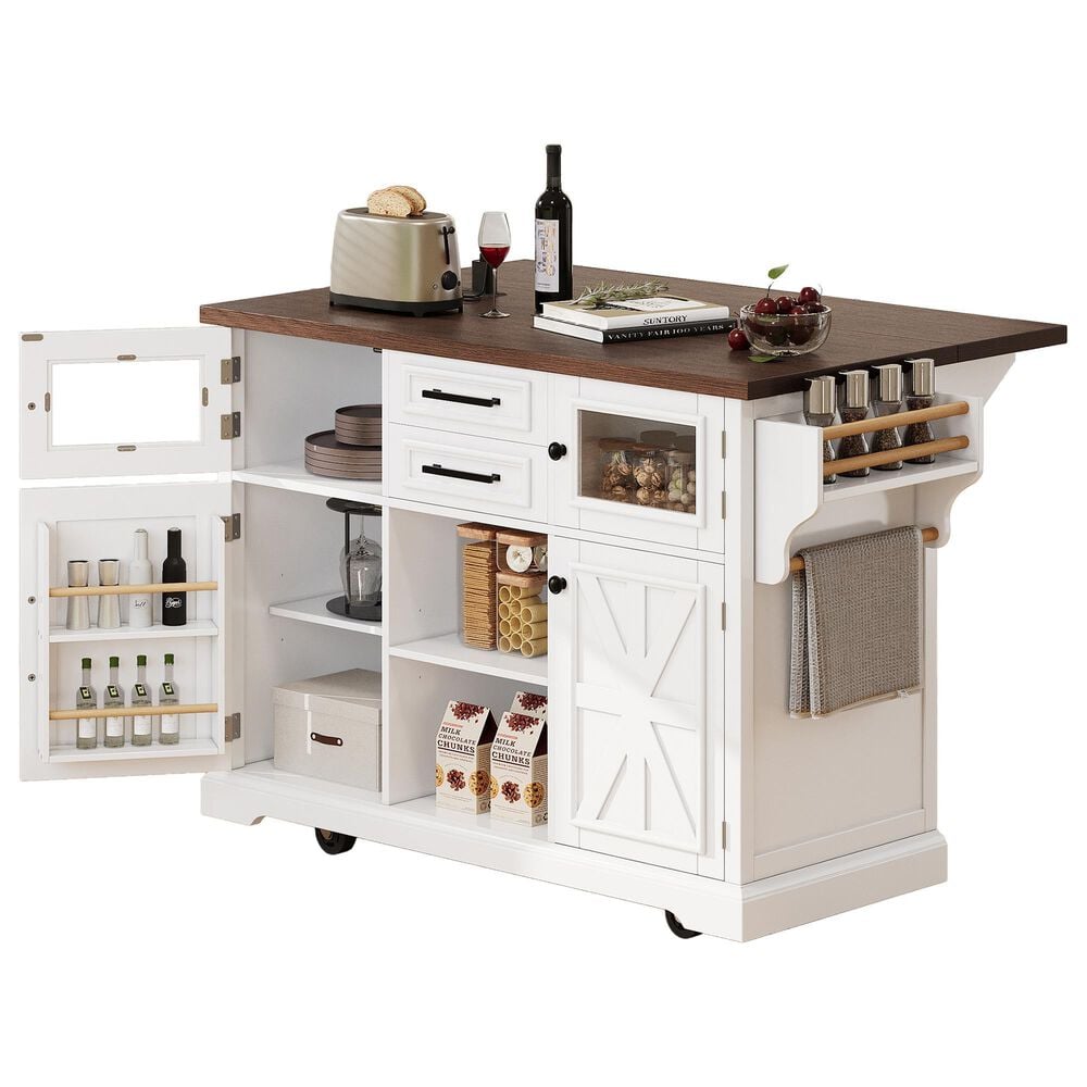 HOMLUX 54.9" Kitchen Island with Drop Leaf in White and Brown, , large