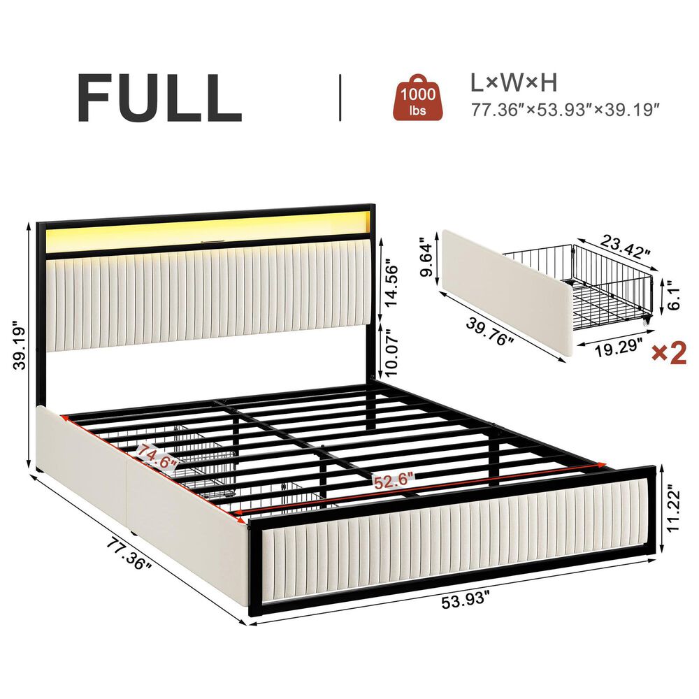 HOMLUX 2-Drawer Full Storage Bed with LED Headboard and USB Ports in Beige, , large