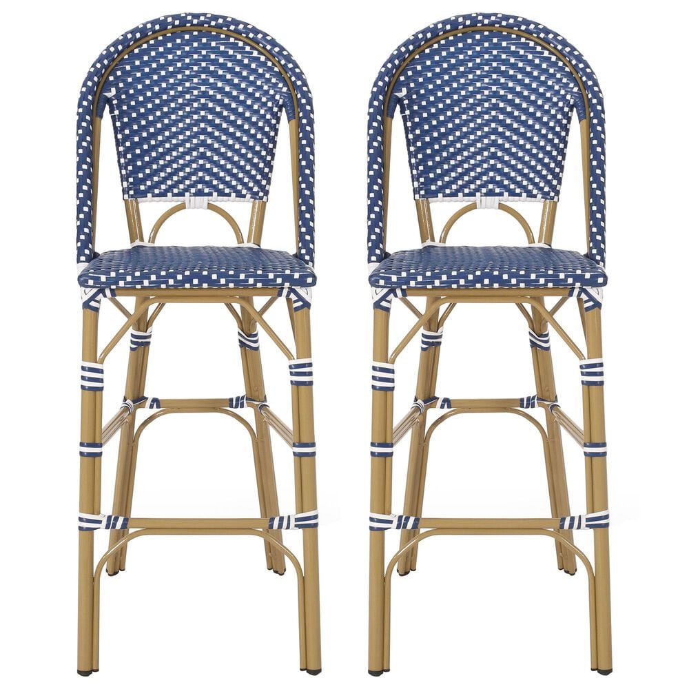 Hearth and Haven Outdoor Wicker French Barstool with Brown Aluminum Frame in Teal Blue (Set of 2), , large