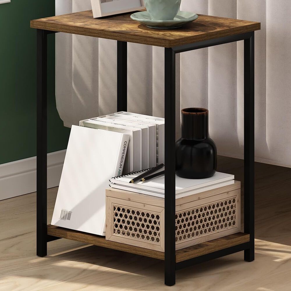 HOMLUX 2-Tier End Table with Open Shelf Storage Display in Amber Pine, , large