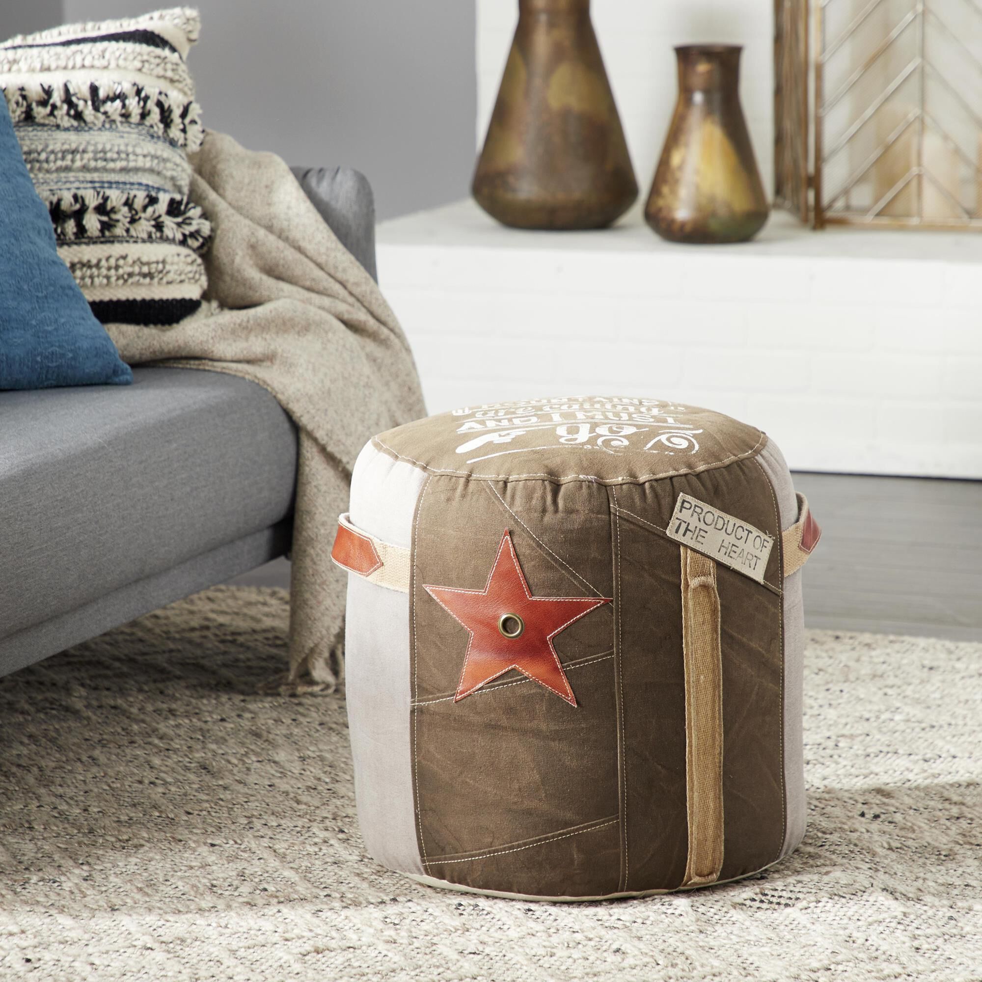 Maple and Jade Star Stuffed Pouf in Brown, Gray, Red and White