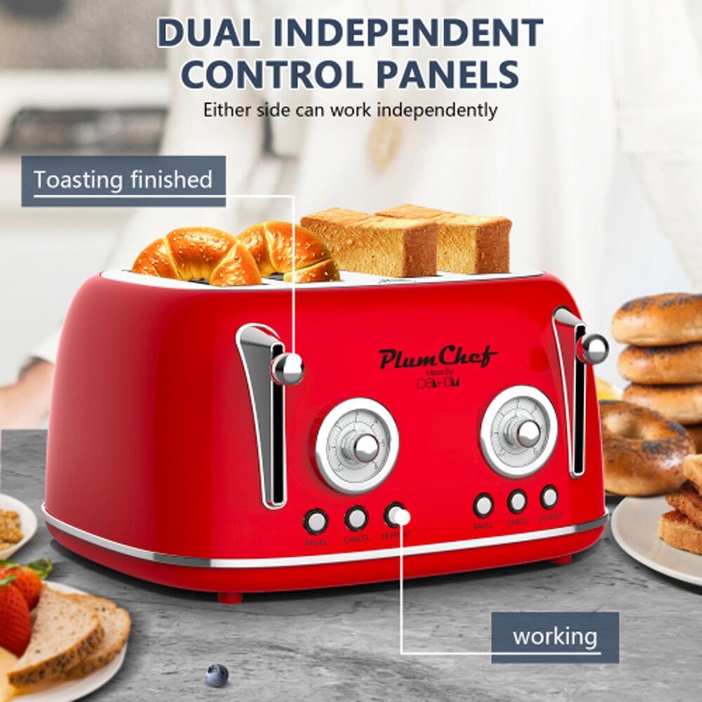 HOMLUX 4-Slice Retro Style Toaster in Red, , large