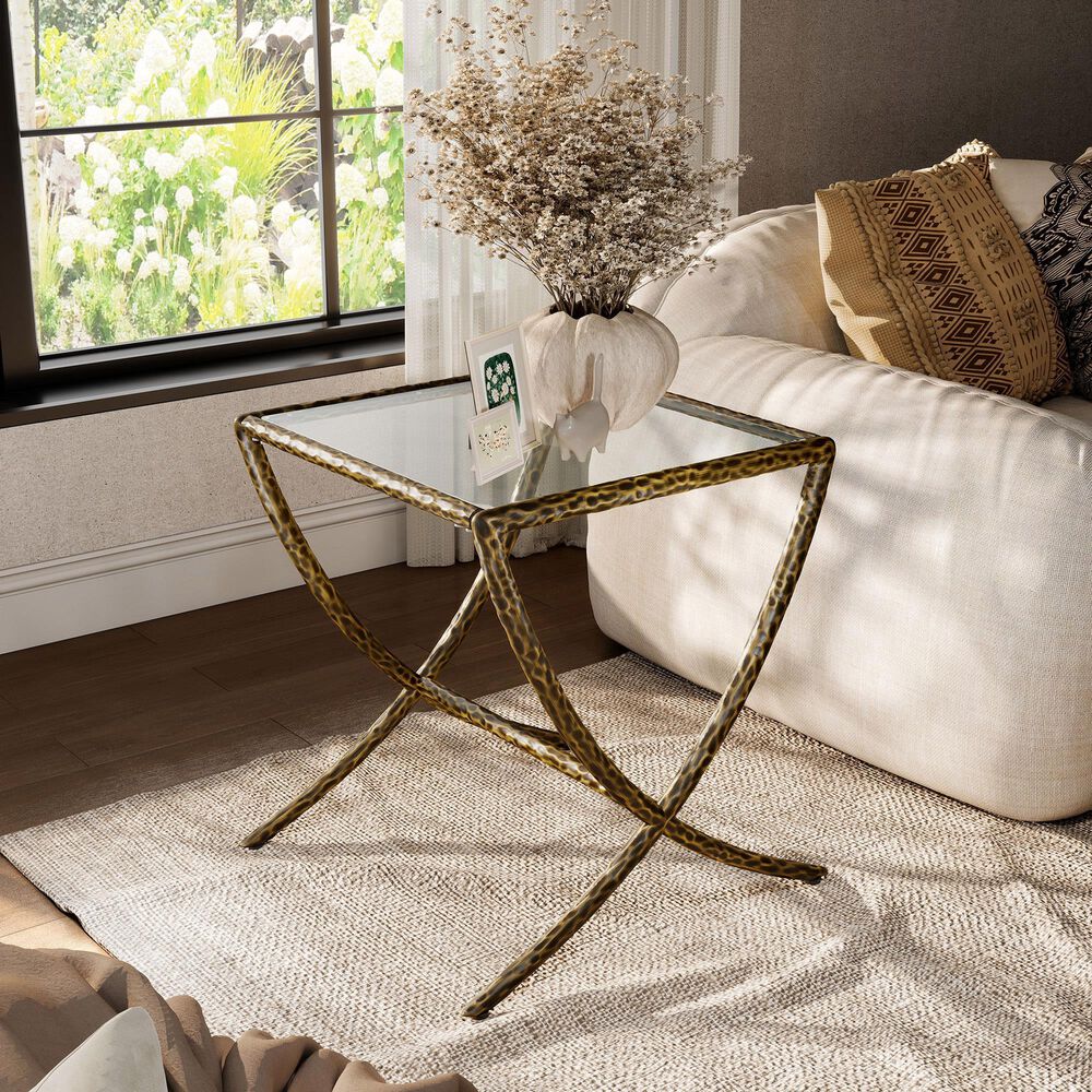 Furniture of America Lalia Side Table with Tempered Glass Top and X-Base in Matte Gold, , large