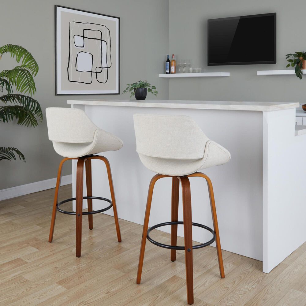 LumiSource Fabrico 30" Swivel Fixed-Height Bar Stool with Cream Noise Fabric Upholstery in Black and Walnut (Set of 2), , large