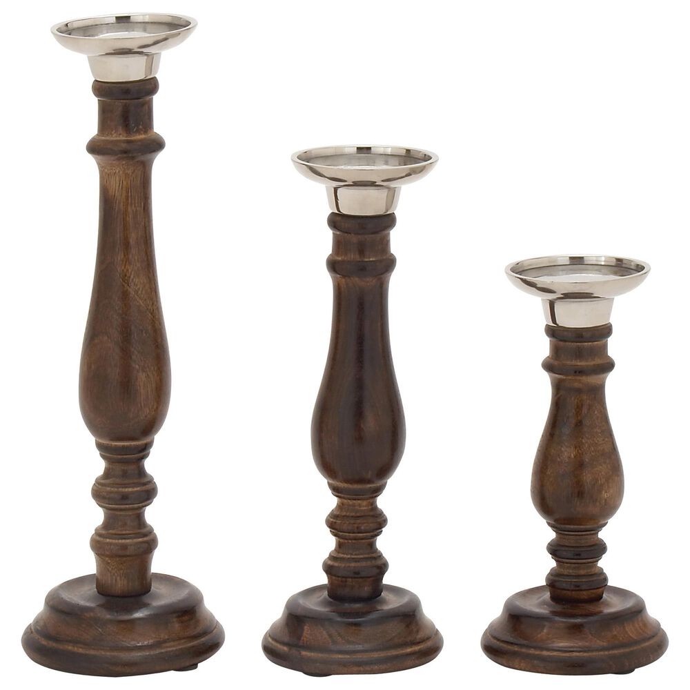 Maple and Jade Mango Wood Candle Holder in Dark Brown and Silver (Set of 3), , large