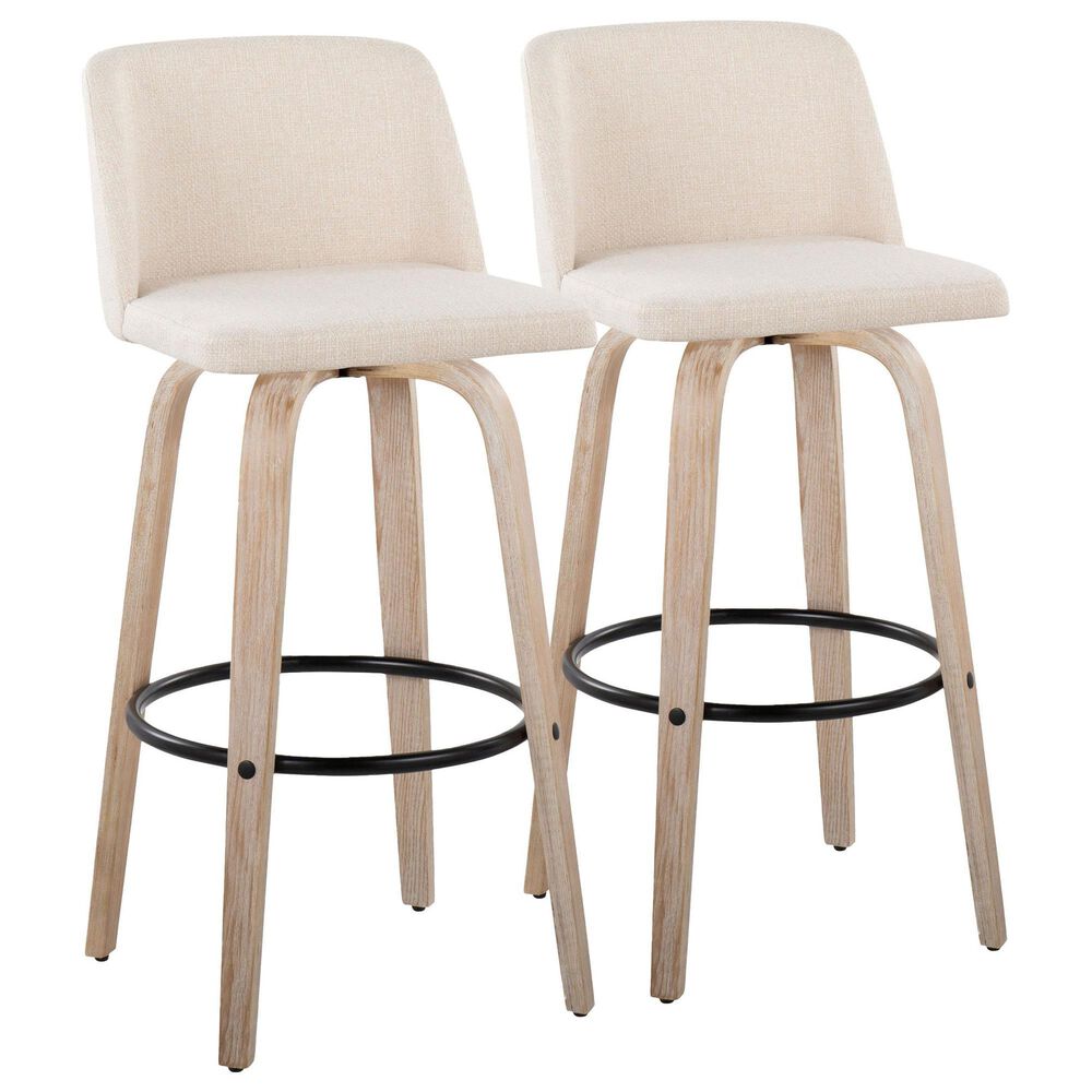 LumiSource Toriano Swivel Bar Stool with Cream Noise Fabric Upholstery in Whitewashed and Black (Set of 2), , large