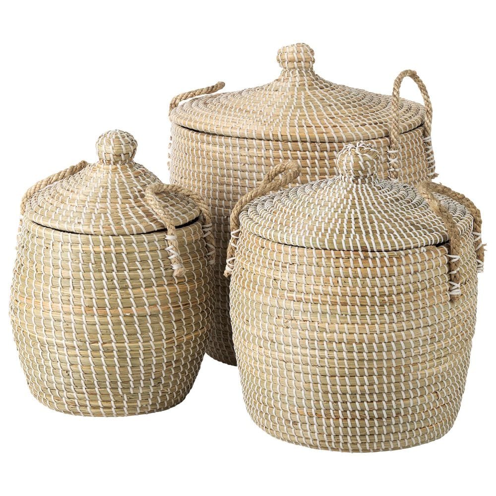 Mercana Olivia Basket with Lid and Handles in Beige (Set of 3), , large