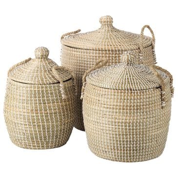 Mercana Olivia Basket with Lid and Handles in Beige (Set of 3), , large