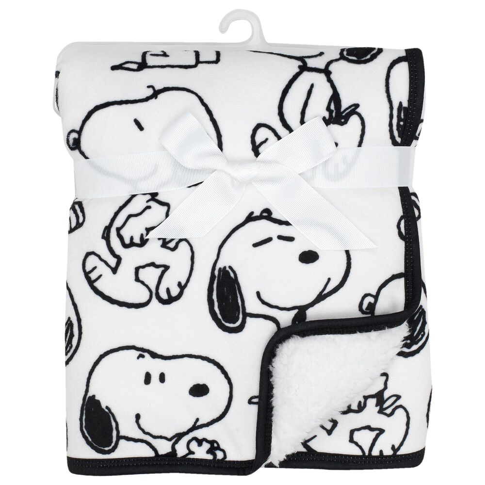Lambs and Ivy Classic Snoopy Minky and Sherpa Baby Blanket in White and Black, , large