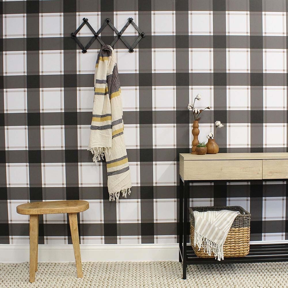 Tempaper Plaid Black & Ivory Peel and Stick Wallpaper, , large