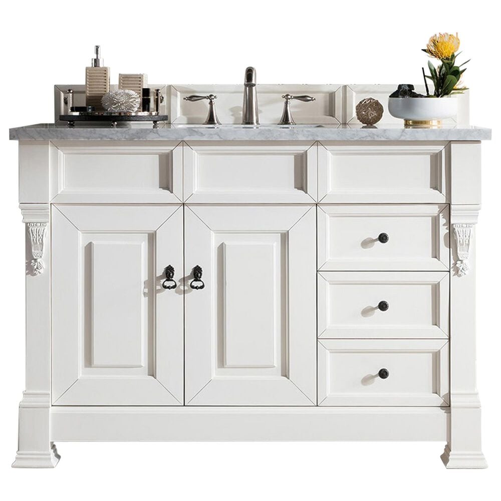 James Martin Vanities Brookfield 48" Single Bathroom Vanity in Bright White with 3 cm Carrara White Marble Top and Rectangle Sink, , large