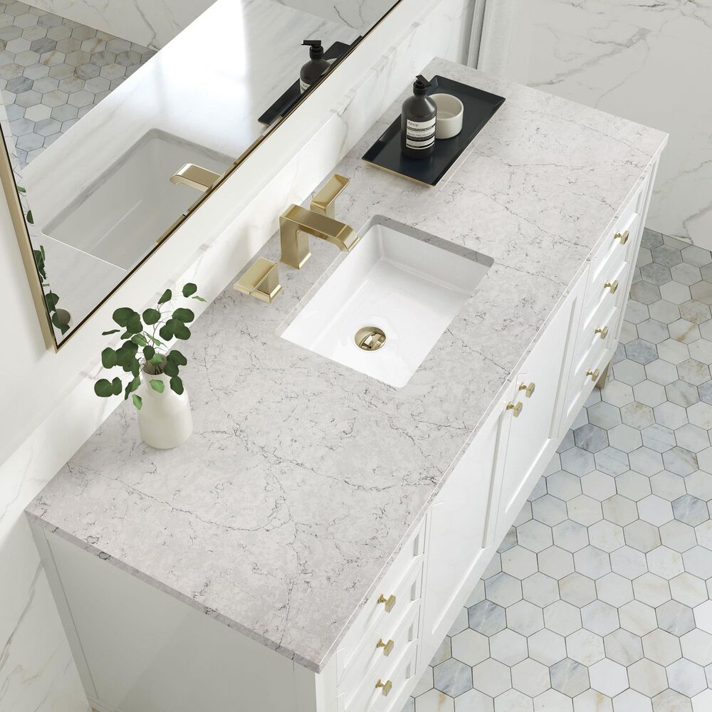 James Martin Vanities Chicago 60" Single Bathroom Vanity in Glossy White with 3 cm Eternal Jasmine Pearl Quartz Top, Rectangular Sink and FreePower Wireless Charger, , large