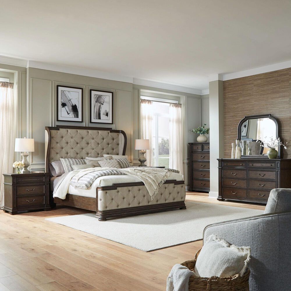 Belle Furnishings Provence Park 5-Piece King Upholstered Shelter Bedroom Set in Chateau Brown, , large