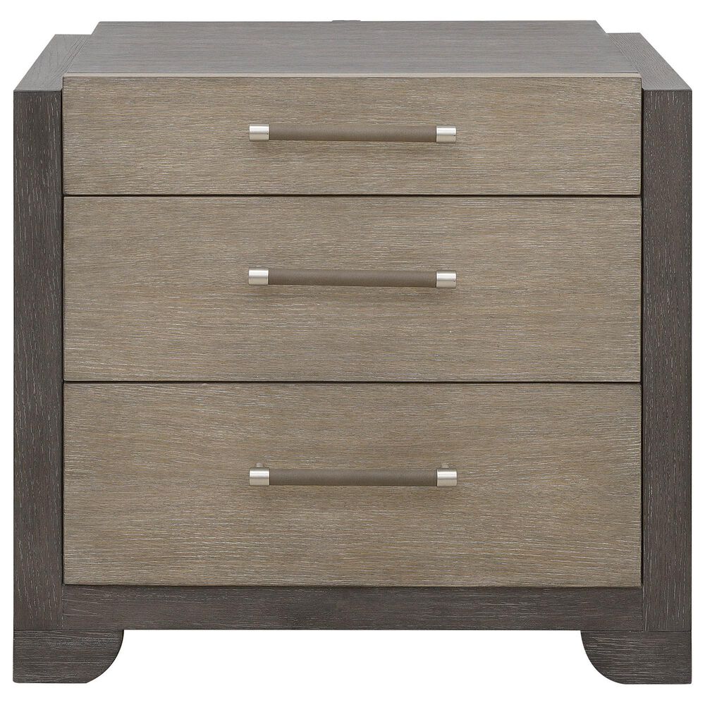Nicolette Home Anderson Park Dark Queen Upholstered Bed with Two Nightstands in Moose Trail and Frontier Brown, , large