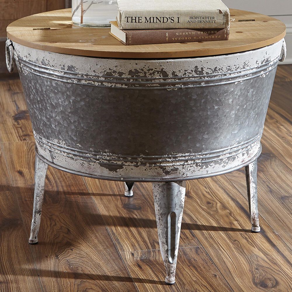 Ashley Shellmond Accent Cocktail Table in Antiqued Galvanized and Light Brown, , large