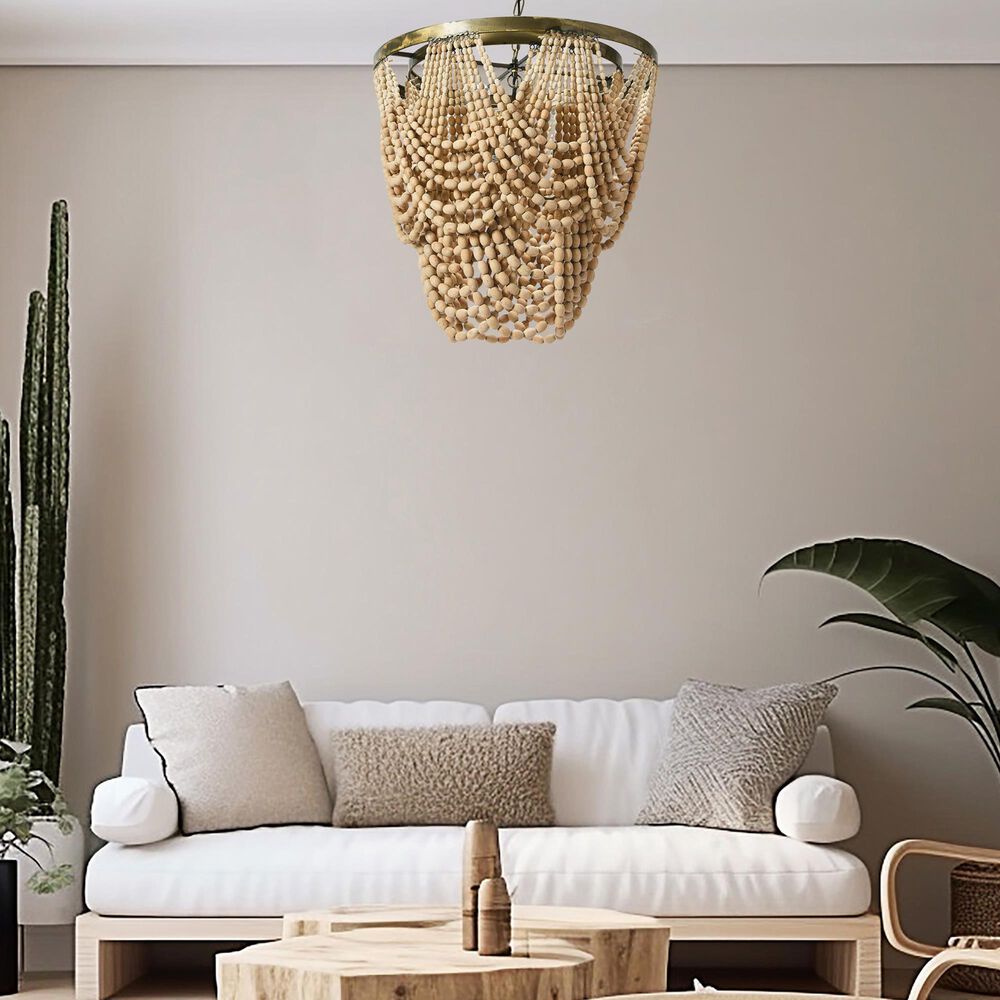 Creative Coop Laurel 2-Tier Draped Wood Bead Chandelier with Whitewashed Shade, , large