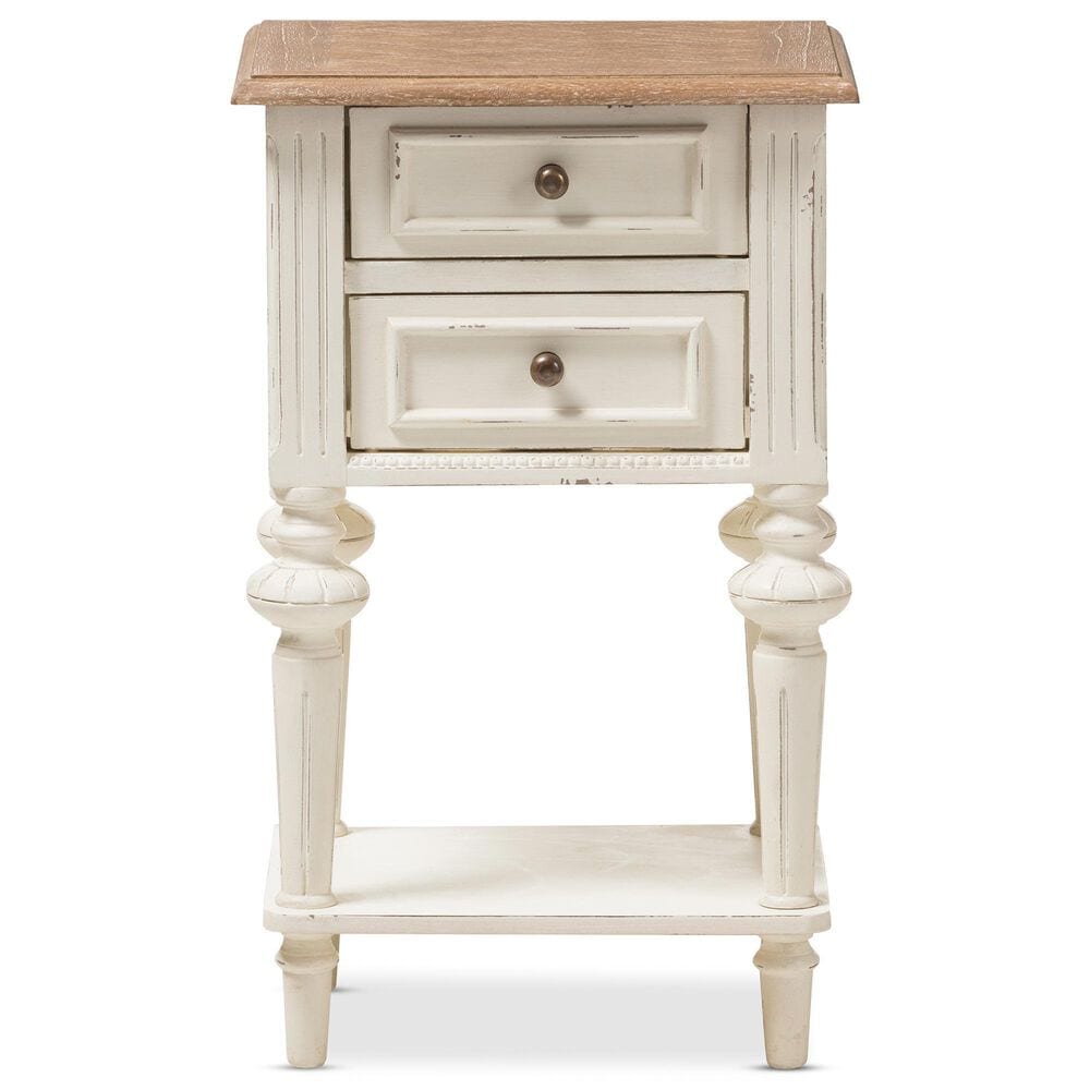 Baxton Studio Marquetterie 2-Drawer Nightstand in Weathered Oak and Distressed White Wash, , large