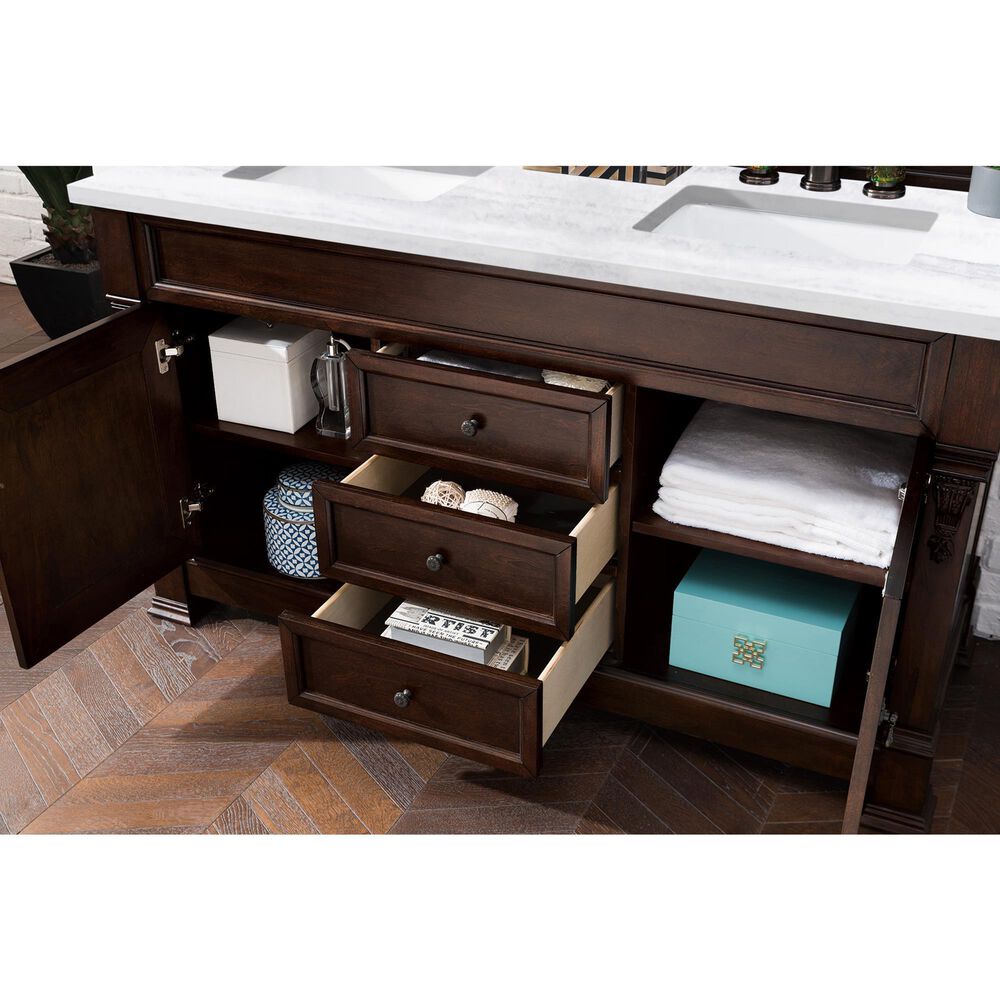 James Martin Vanities Brookfield 60&quot; Double Bathroom Vanity in Burnished Mahogany with 3 cm Arctic Fall Solid Surface Top and Rectangle Sink, , large