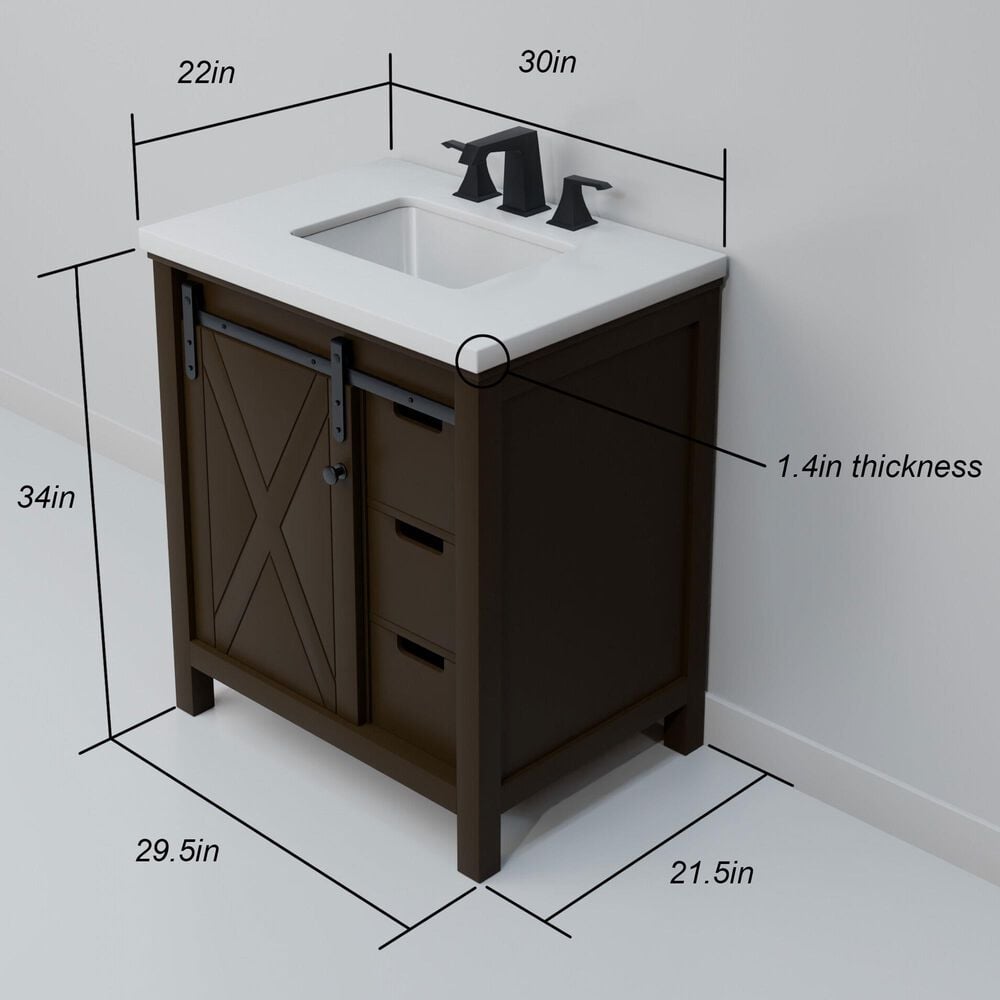 Lexora Home Marsyas 30&quot; Single Bathroom Vanity in Brown with White Quartz Top and Rectangular Sink, , large