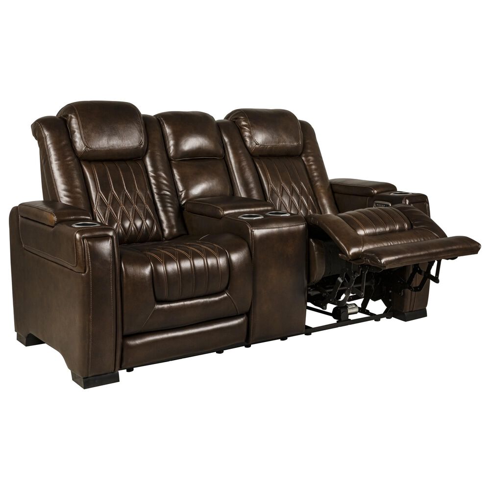 Frankfurt Furniture Leather Power Reclining Console Loveseat with Power Headrest in Brown, , large
