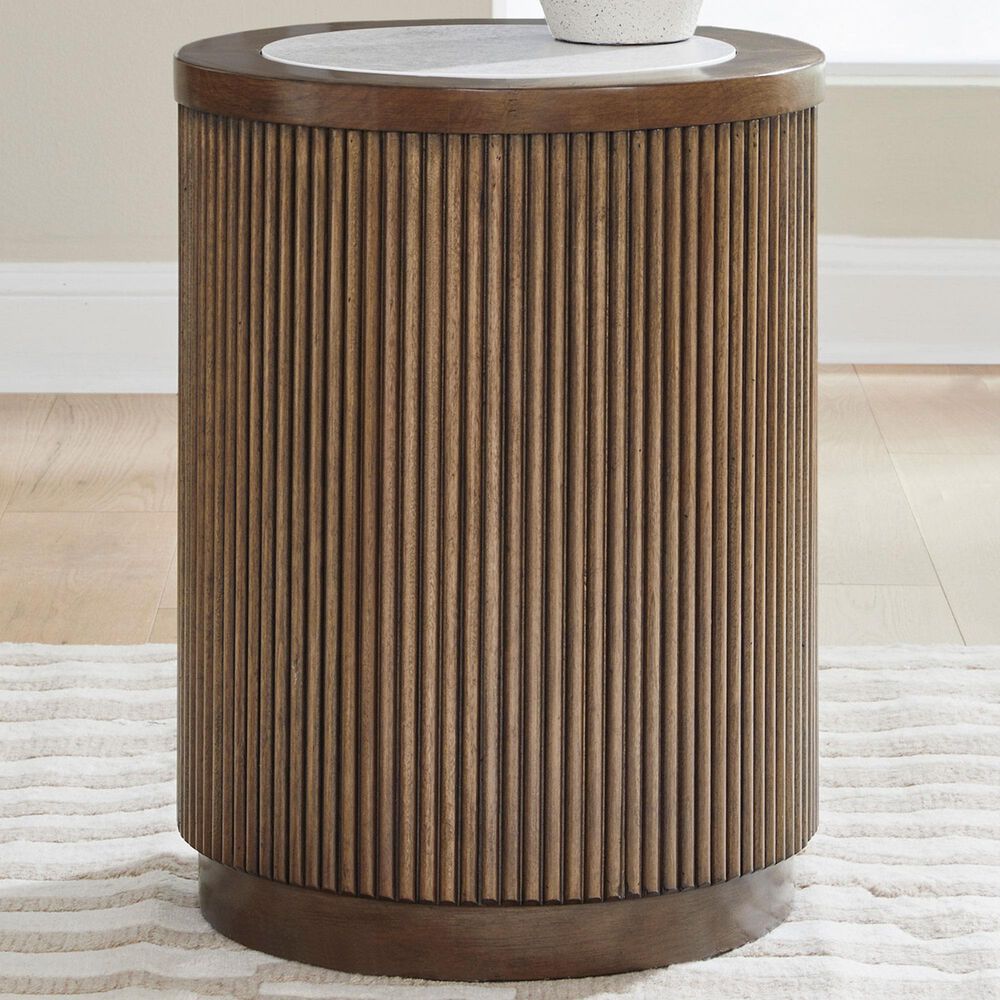 Ashley Hadonna Round End Table in Light Brown, , large