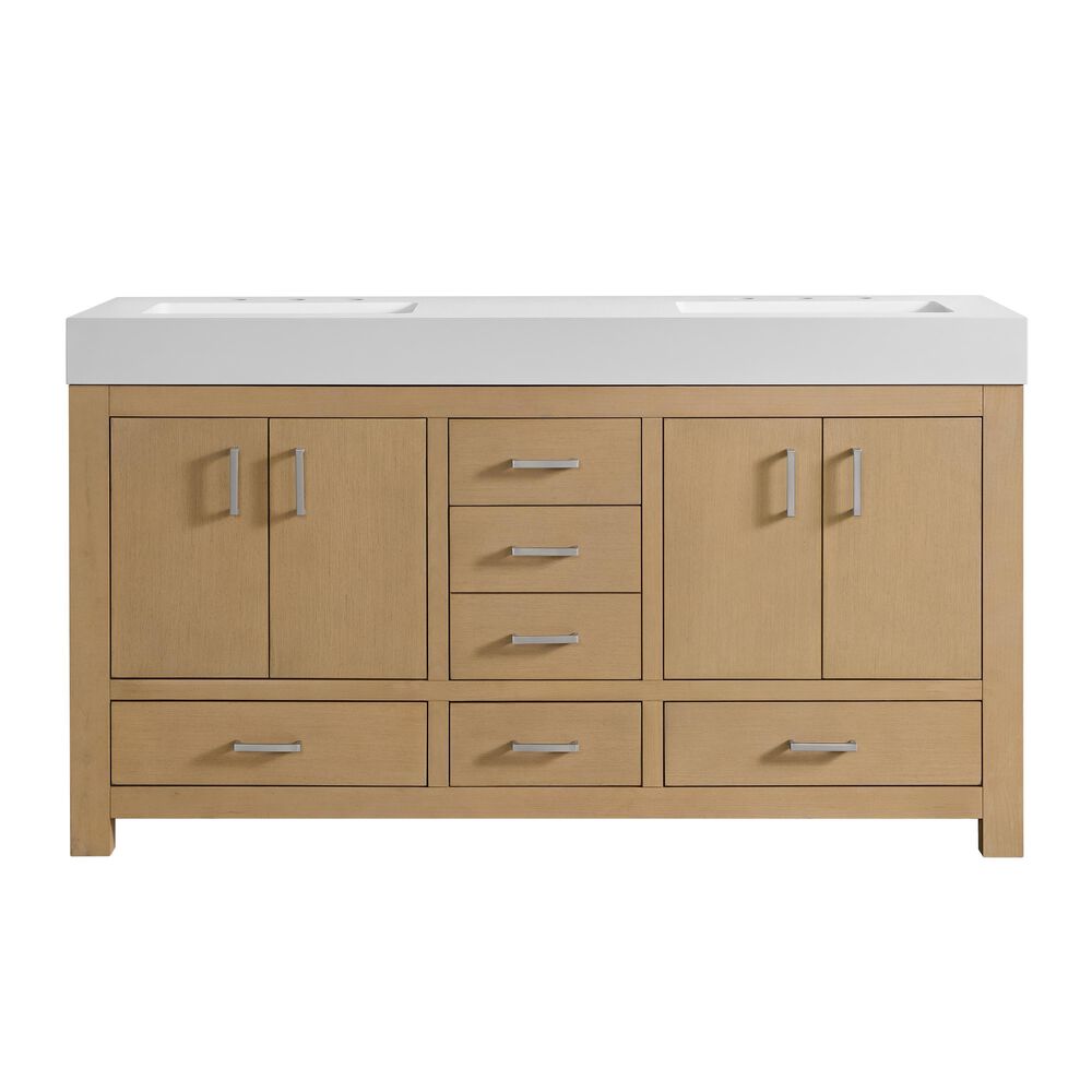 37B Alanya 60" Double Bathroom Vanity in Warm Oak with White Composite Stone Top, , large