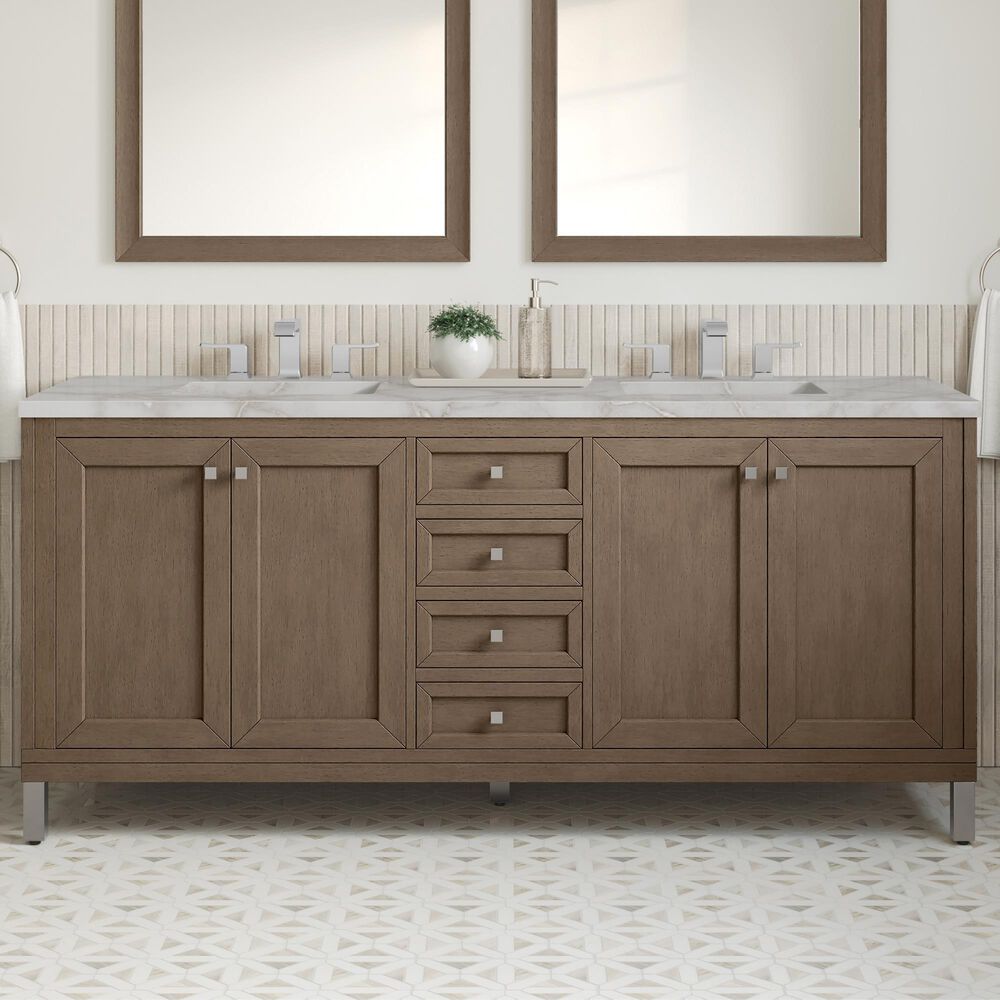 James Martin Vanities Chicago 72&quot; Double Bathroom Vanity in Whitewashed Walnut with 3 cm Victorian Silver Quartz Top and Rectangular Sinks, , large