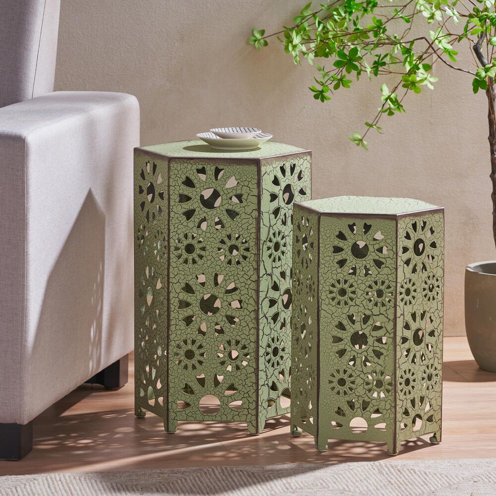 Hearth and Haven Eliana 2-Piece Outdoor Hexagon Metal Side Table Set with Sunburst Cut Out Design in Green, , large