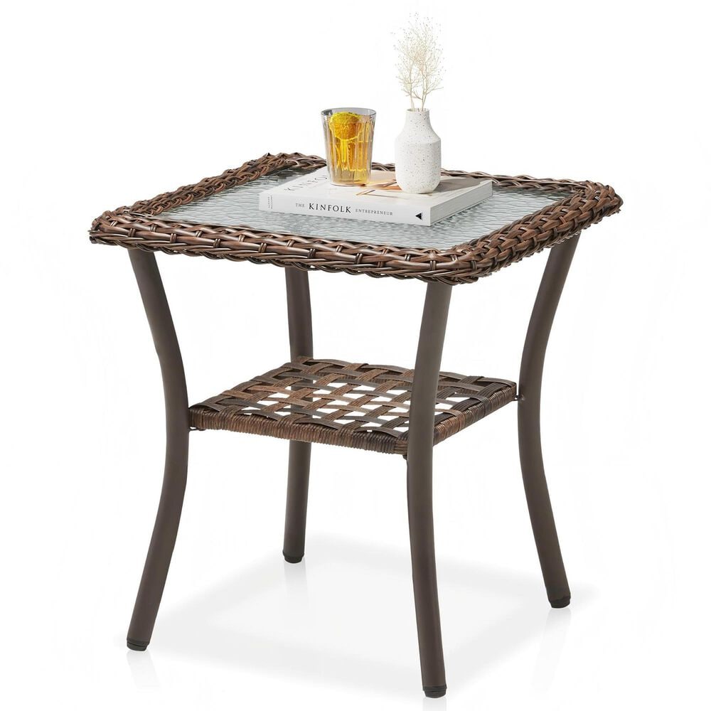 Sunwell Garden 20" Patio Square Side Table with Glass Top in Brown, , large