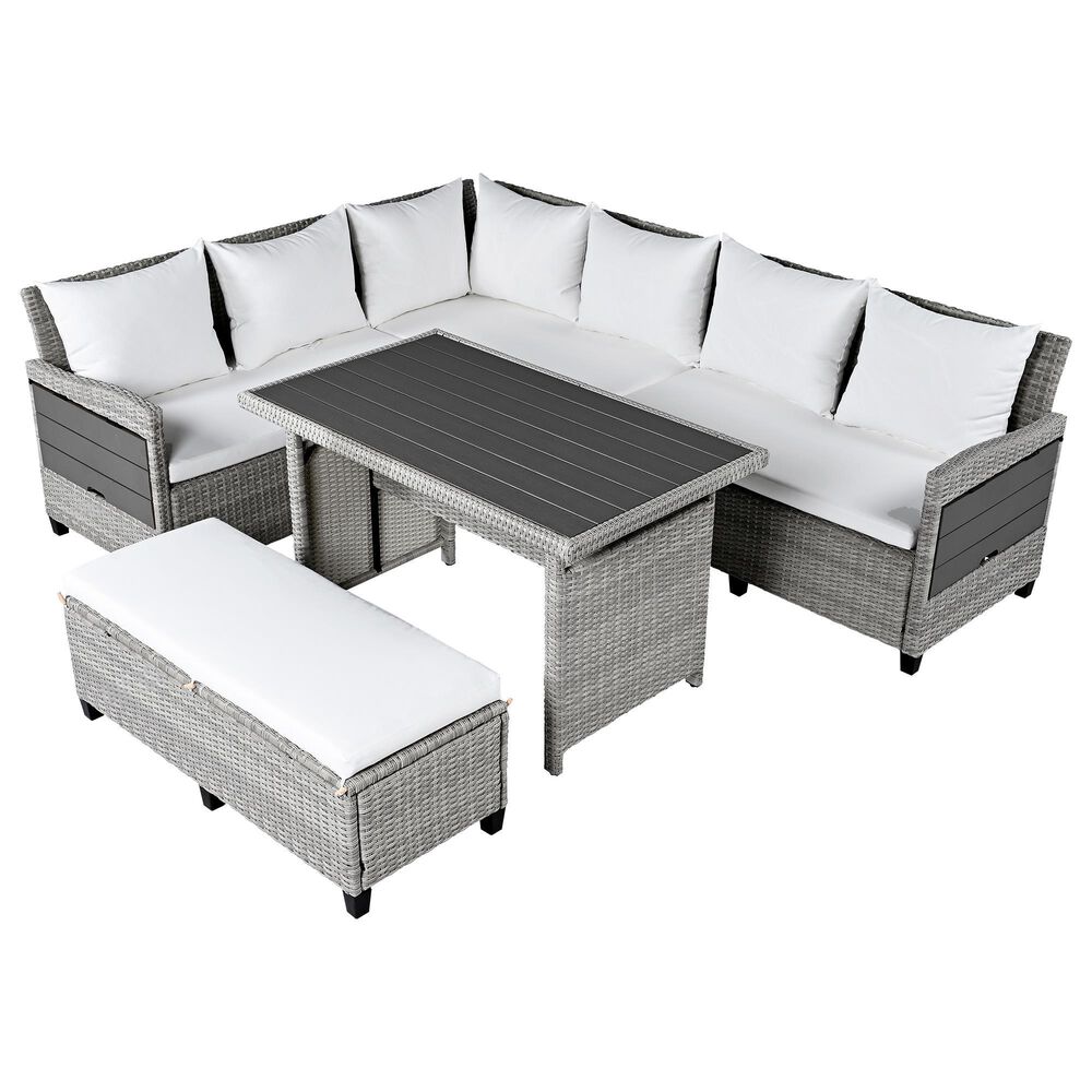 HOMLUX 5-Piece Outdoor Conversation Set with 2 Extendable Side Tables and Gray Rattan in White, , large