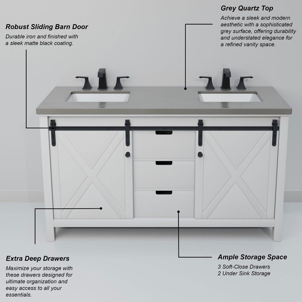 Lexora Home Marsyas 60" Double Bathroom Vanity in White with Grey Quartz Top and Rectangular Sinks, , large