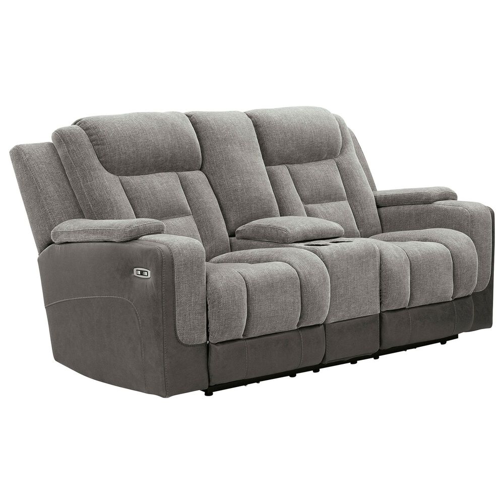Ashley Mixed Motion Power Reclining Loveseat with Console in Shadow, , large