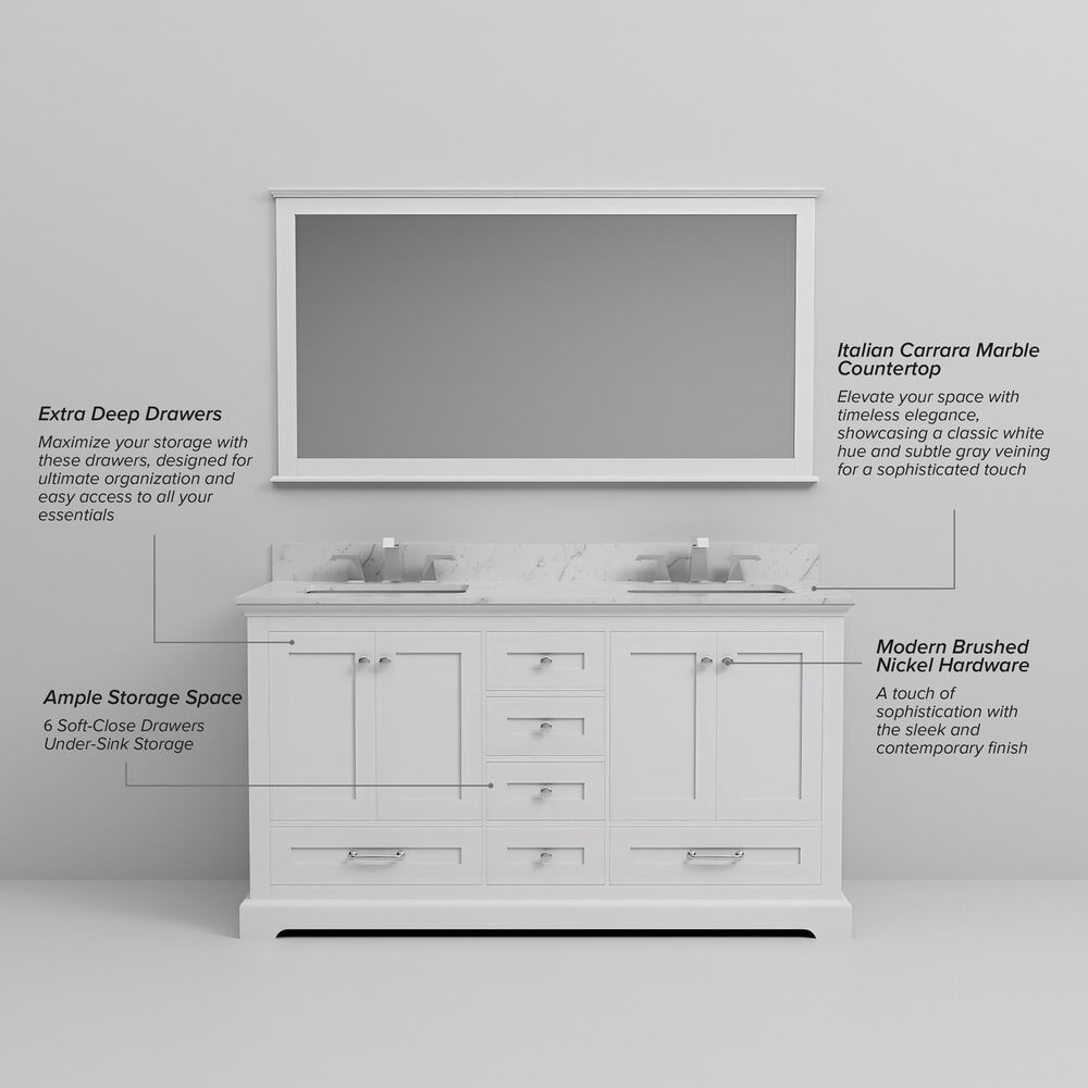 Lexora Home Dukes 60&quot; Double Bathroom Vanity in White with 2 cm White Carrara Marble Top and Rectangular Sinks, , large