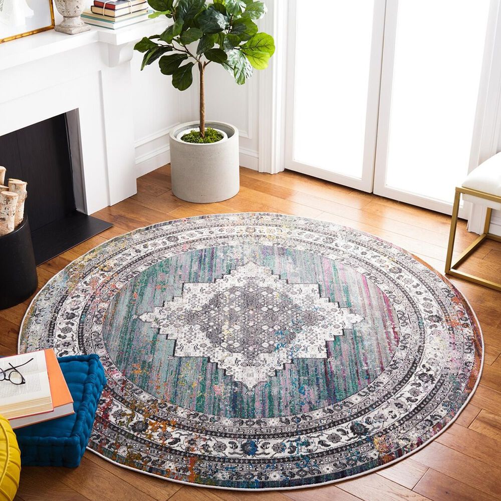 Safavieh Aria Southwestern 6&#39;6&quot; Round Ivory and Blue Area Rug, , large
