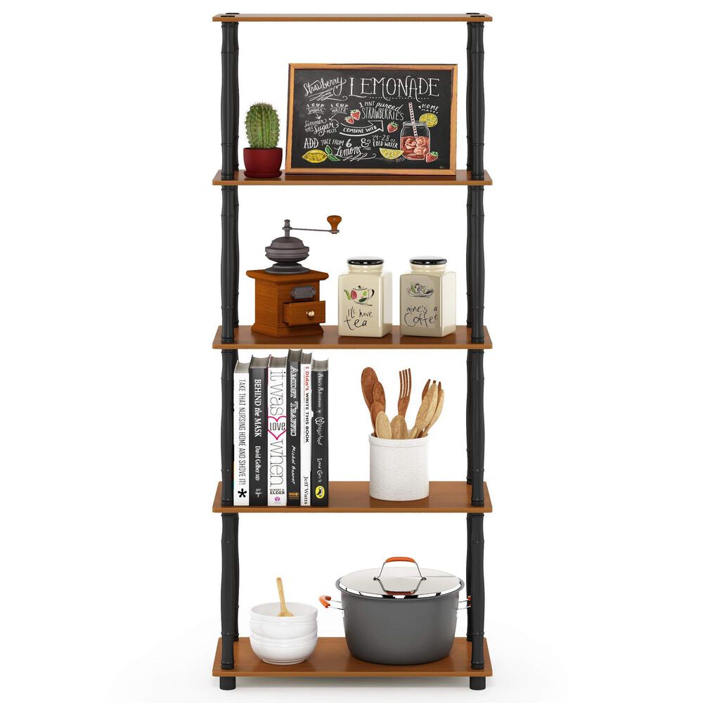 HOMLUX Turn-N-Tube 5-Tier Open Storage Bookshelf in Light Cherry and Black, , large