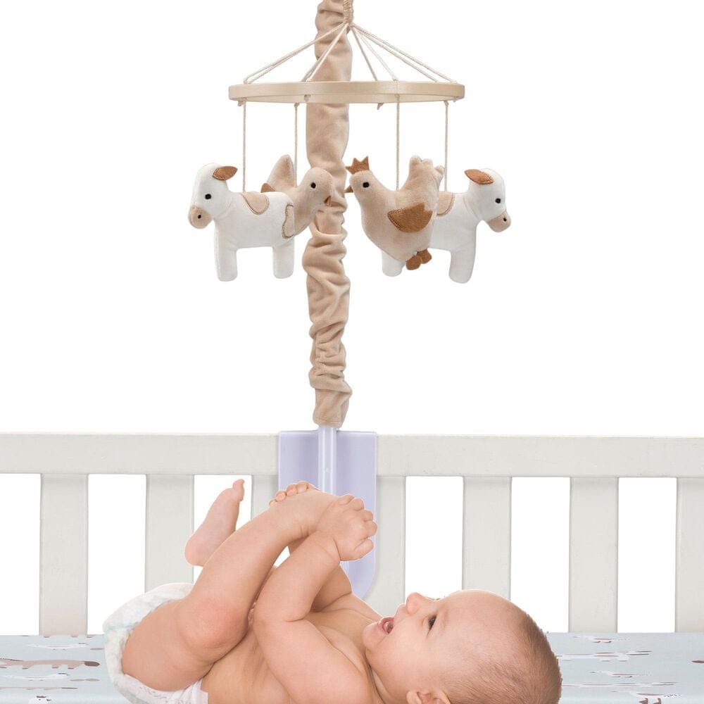 Lambs &amp; Ivy Farmyard Friends Musical Baby Crib Mobile in White and Light Taupe, , large