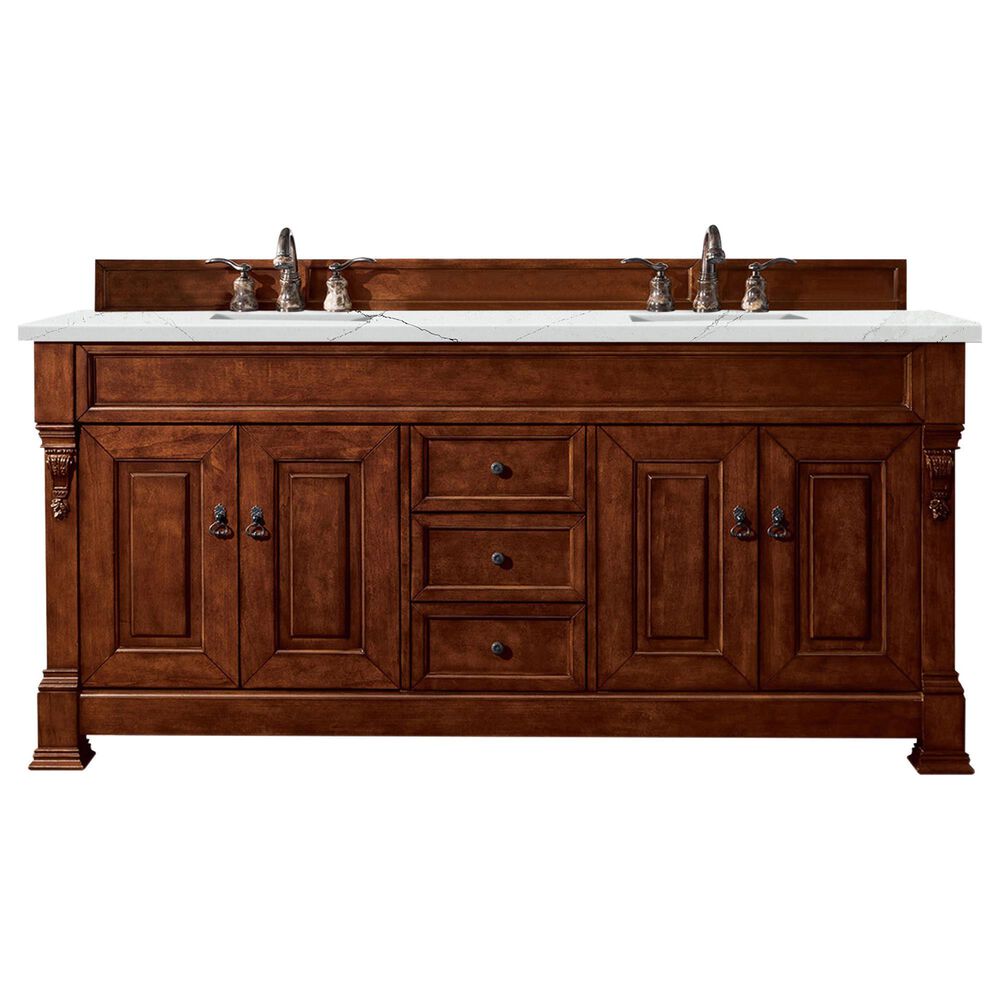 James Martin Vanities Brookfield 72" Double Bathroom Vanity in Warm Cherry with 3 cm Ethereal Noctis Quartz Top and Rectangle Sinks, , large