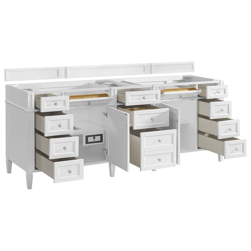 James Martin Brittany 84" Double Bathroom Vanity in Bright White with 3 cm Eternal Jasmine Pearl Top, Rectangular Sinks and FreePower Wireless Charger, , large