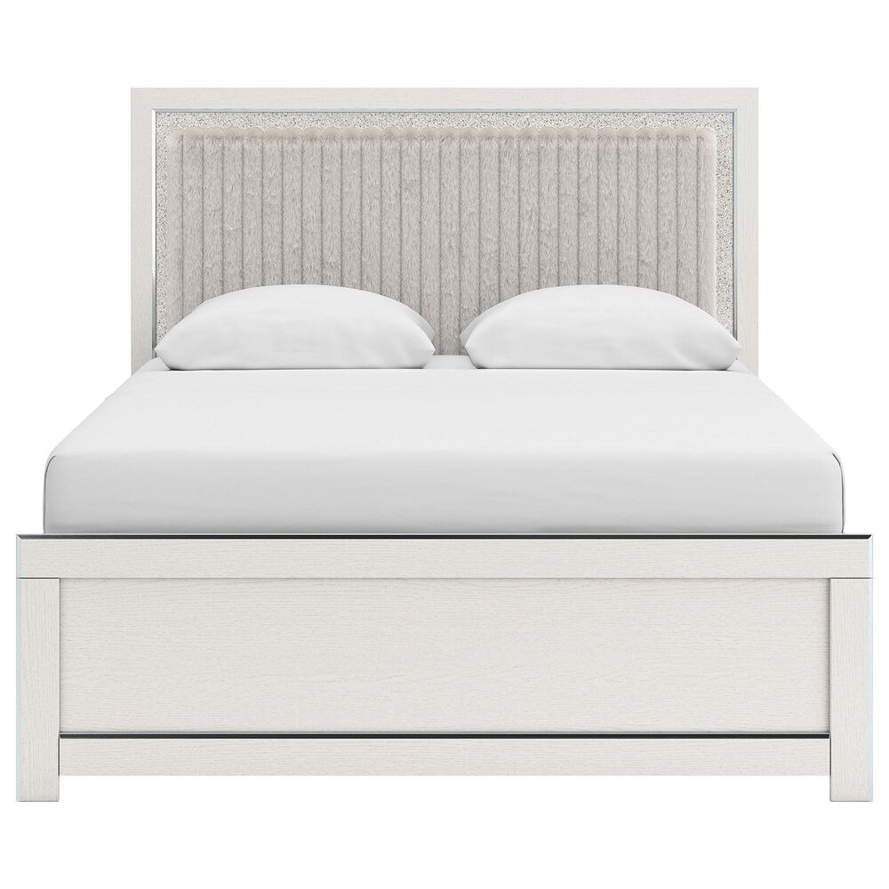 Ashley Zuraleus Queen Upholstered Panel Bed with Two Nightstands in Matte White, , large
