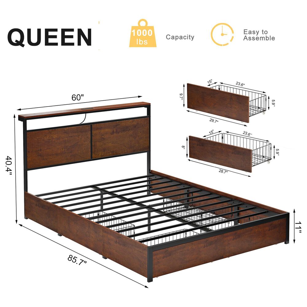 HOMLUX Queen 4-Drawer Storage Bed with LED Headboard in Rustic Brown, , large