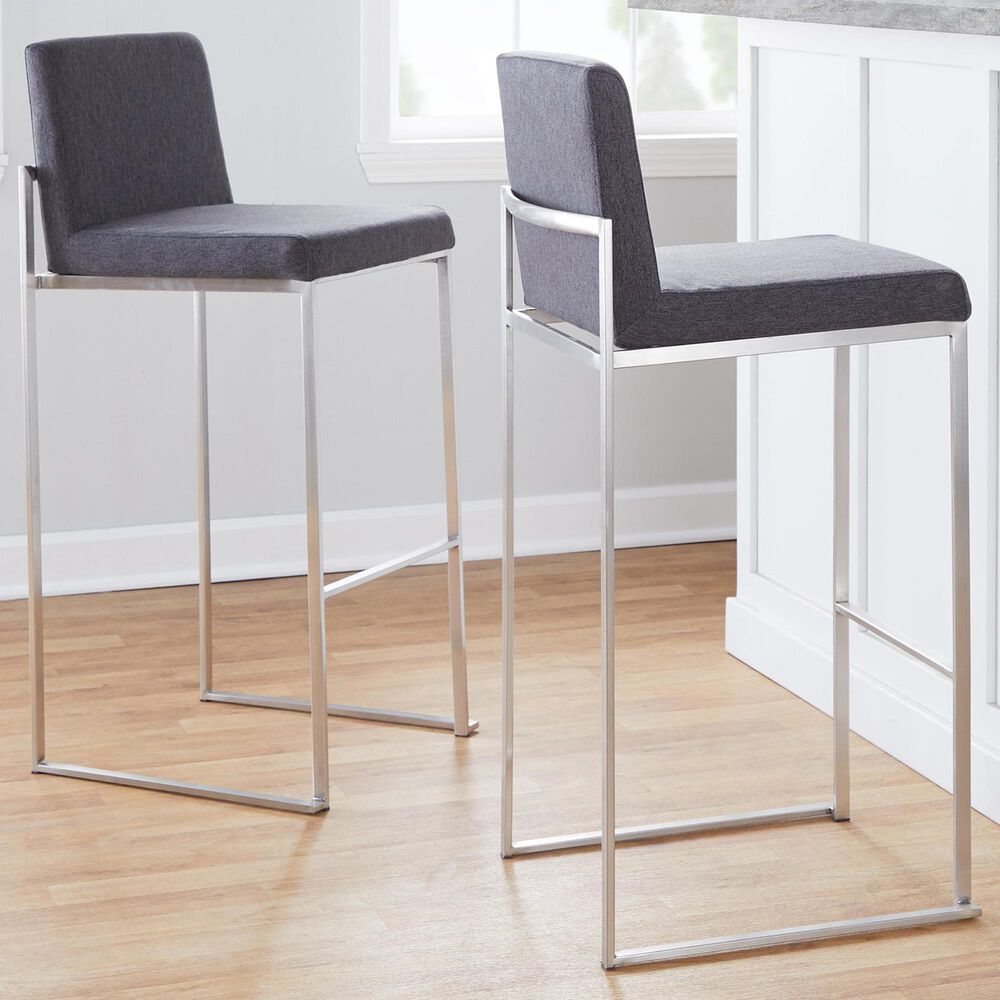 Lumisource Fuji High Back Barstool with Charcoal Fabric in Stainless Steel &#40;Set of 2&#41;, , large