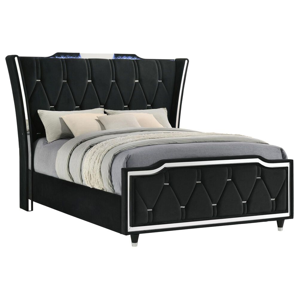 Pacific Landing Lorient 3 Piece Queen Wingback Bedroom Set with Fireplace in Black Velvet, , large