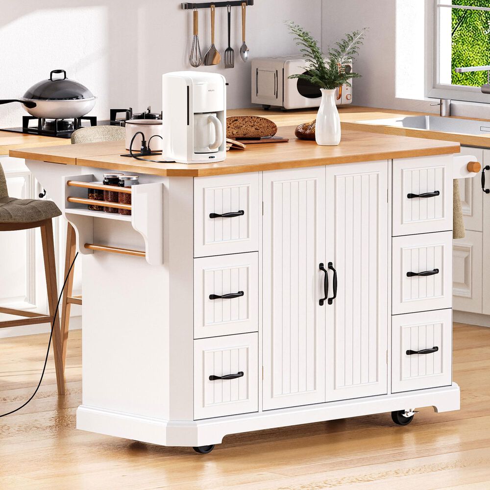 HOMLUX 56" Kitchen Island with Drop Leaf in White, , large