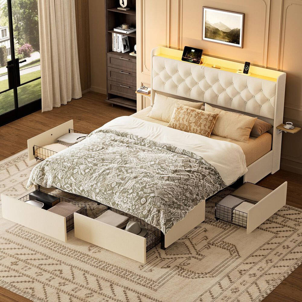 HOMLUX Queen Upholstered Platform Storage Bed in Beige, , large